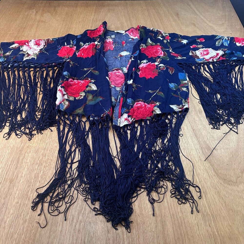 Umgee Kimono Womens M L Navy Floral Fringe Boho Festival Open Front